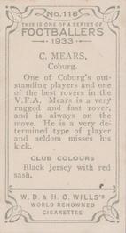 1933 Wills's Victorian Footballers (Small) #118 Clarrie Mears Back